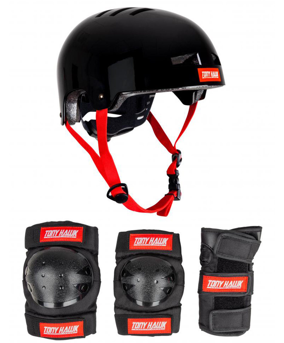 TONY HAWK JUNIOR HELMET & PADSET PROTECTIVE SET BLACK/RED