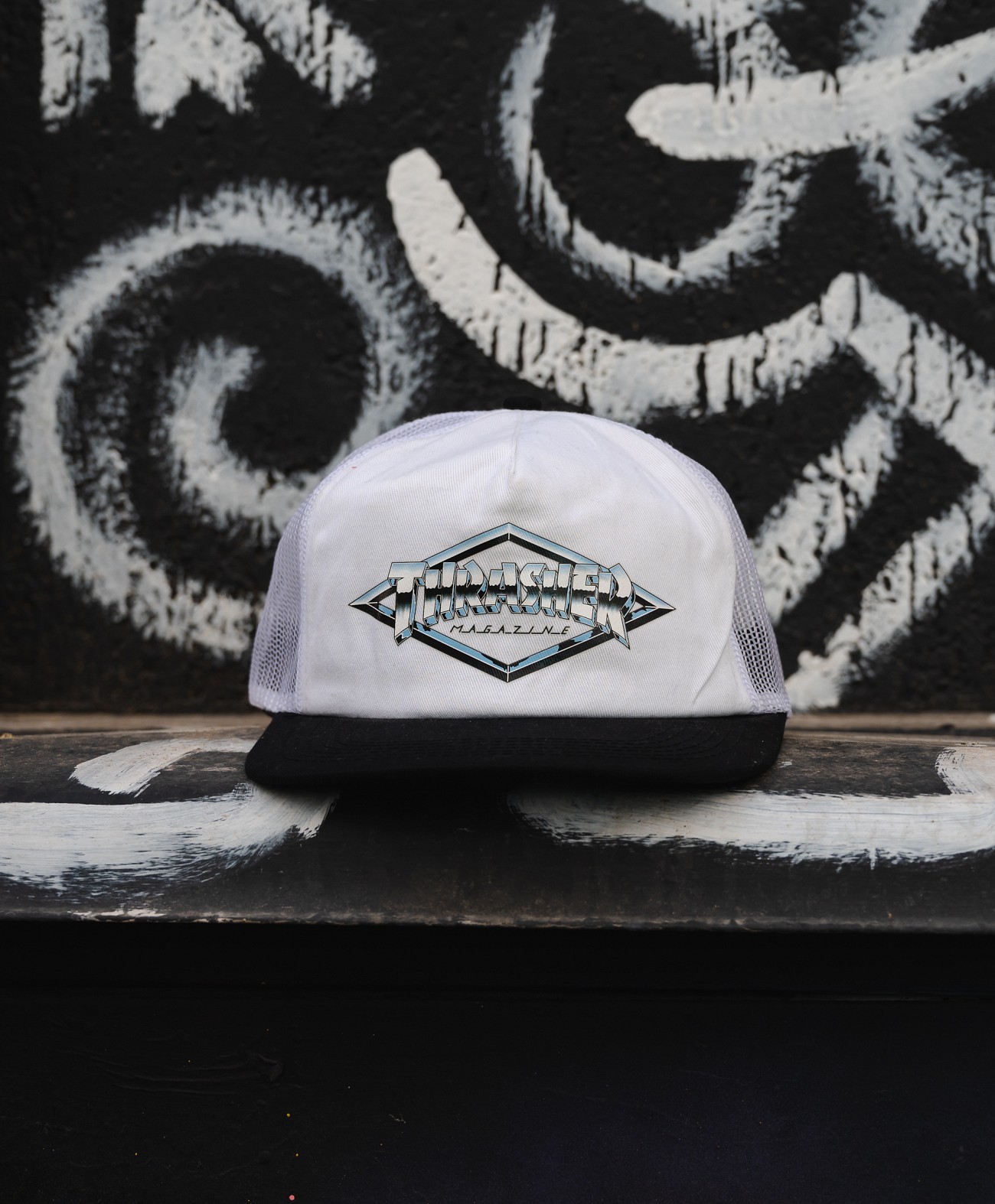 THRASHER DIAMOND EMBLEM TRUCKER HAT WHITE