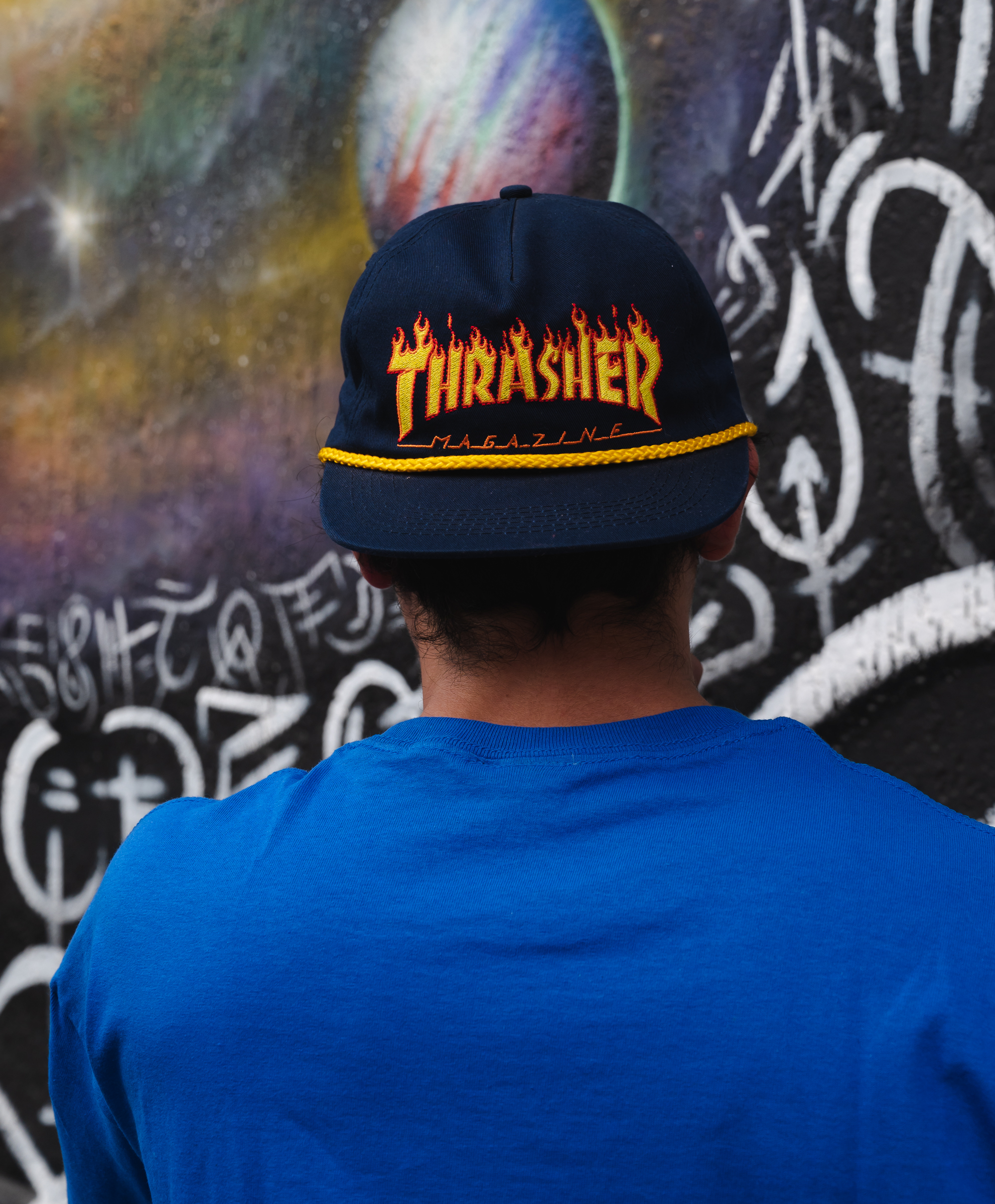 THRASHER FLAME ROPE SNAPBACK HAT NAVY 