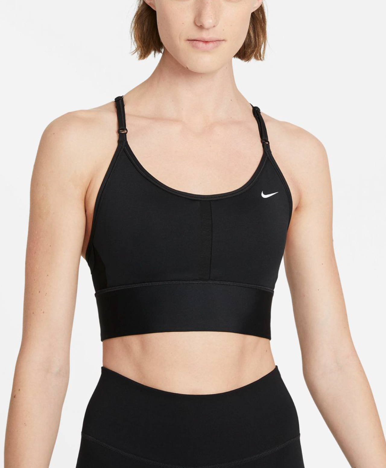 NIKE DRI-FIT INDY WOMENS LIGHT-SUPPORT PADDED LONGLINE SPORTS BRA BLACK