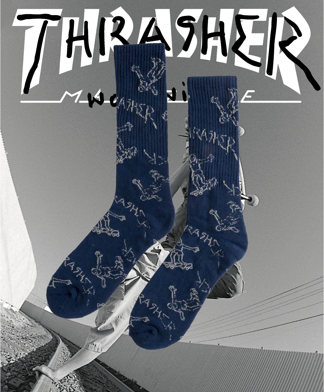 THRASHER GONZ LOGO CREW SOCKS NAVY/GREY