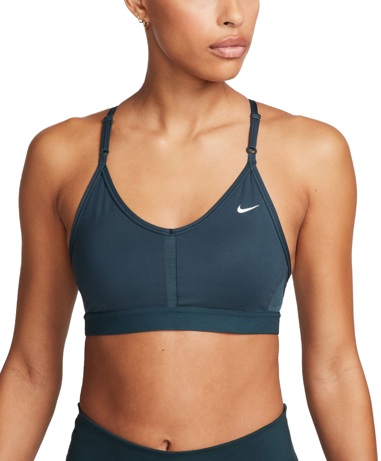 NIKE INDY WOMENS LIGHT-SUPPORT PADDED V-NECK SPORTS BRA DEEP JUNGLE/WHITE