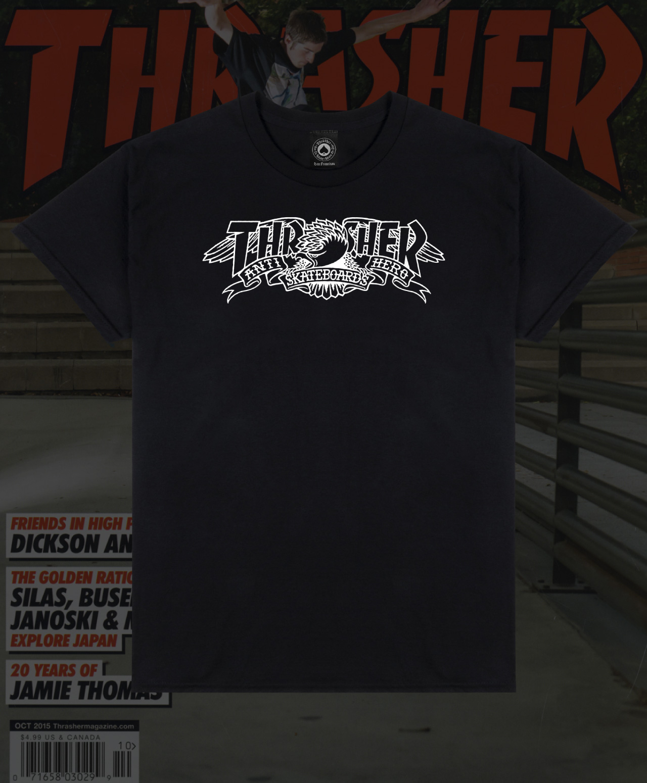 THRASHER X ANTIHERO MAG BANNER TEE BLACK