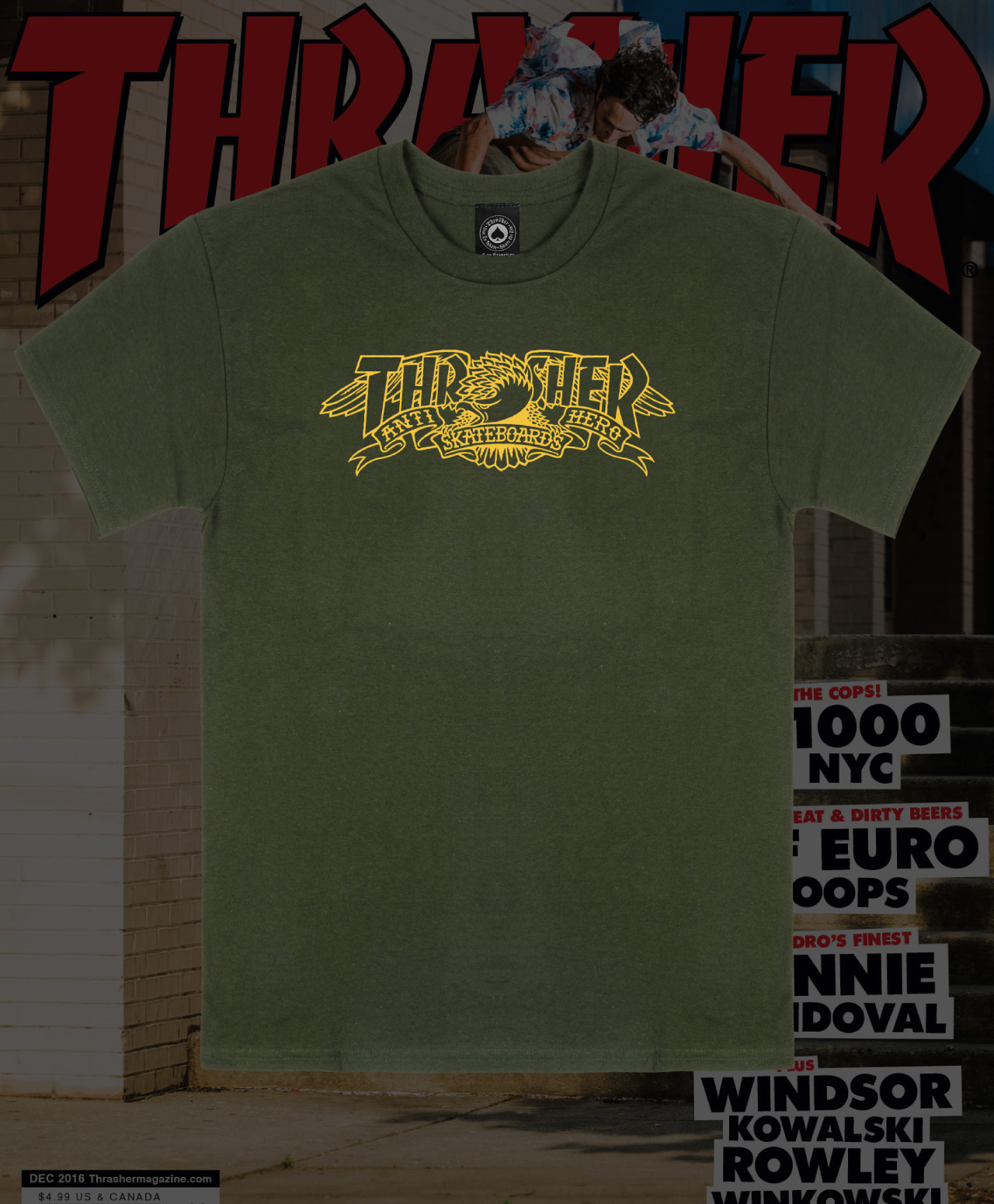 THRASHER X ANTIHERO MAG BANNER TEE FOREST GREEN