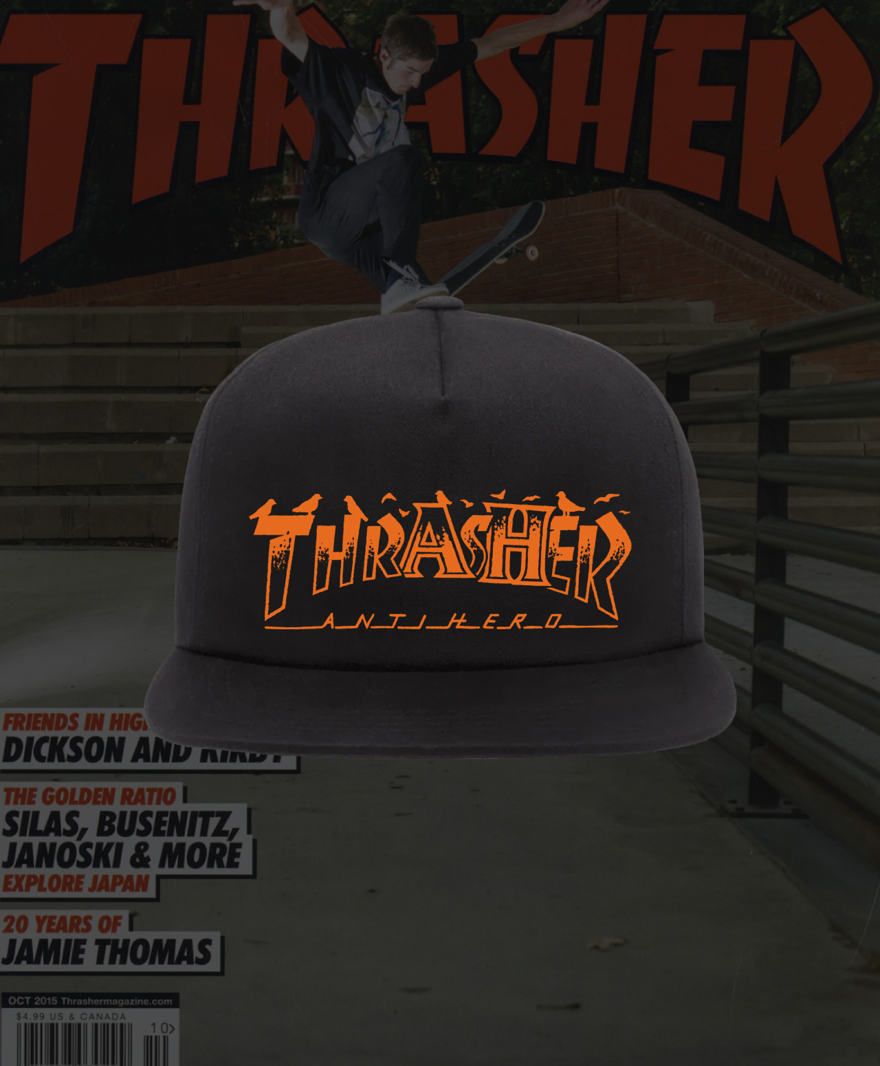 THRASHER X ANTIHERO PIGEON MAG SNAPBACK BLACK