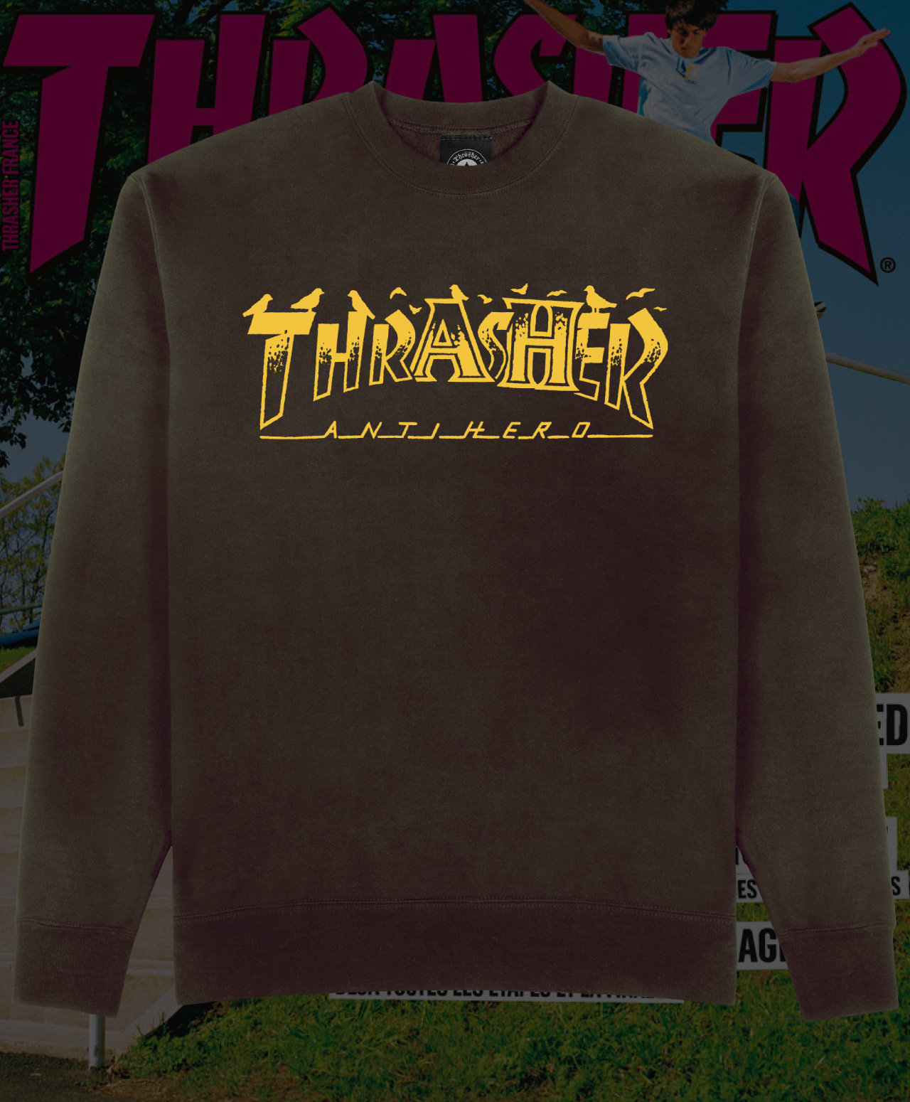 THRASHER X ANTIHERO PIGEON MAG CREW DARK CHOCOLATE
