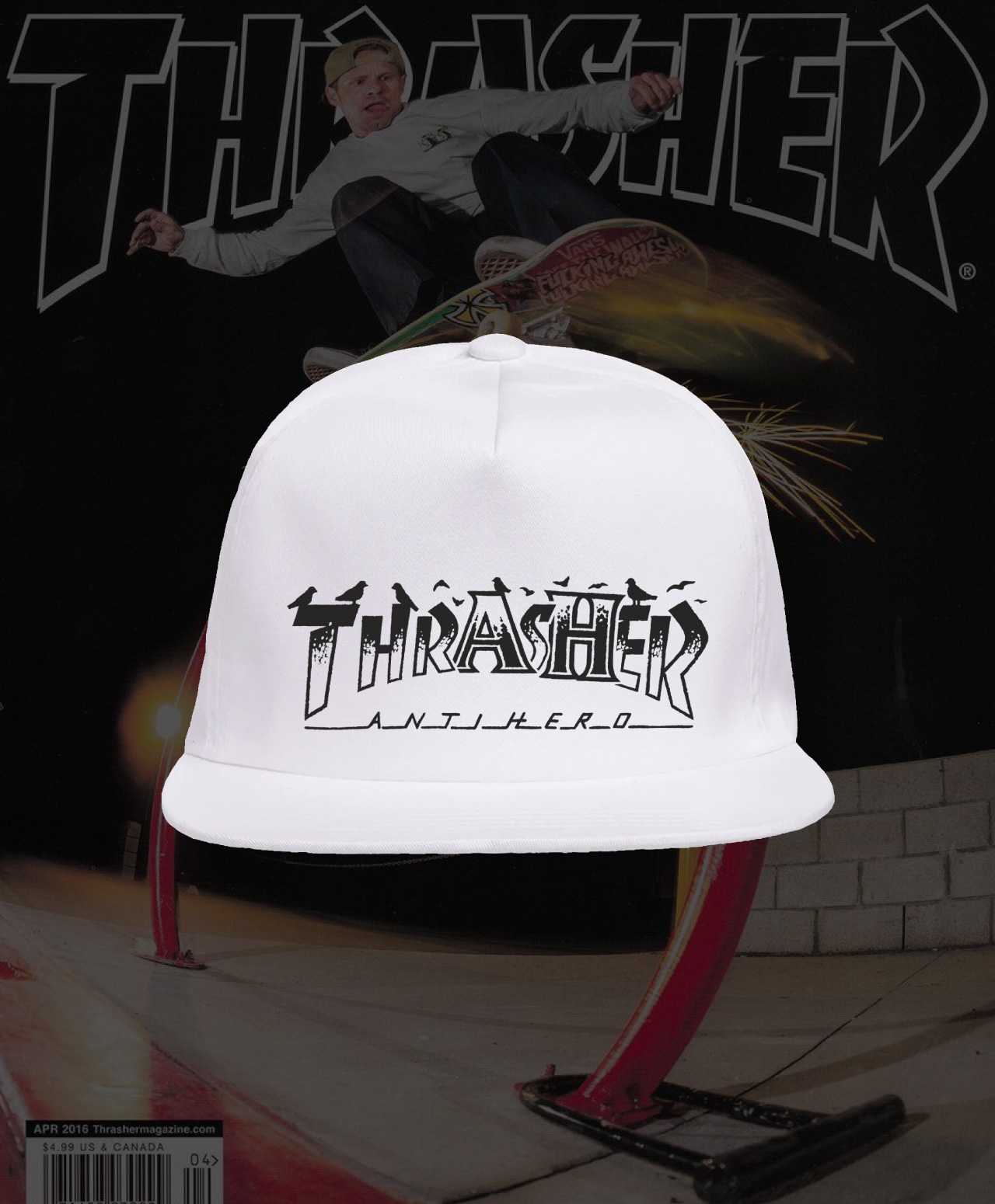 THRASHER X ANTIHERO PIGEON MAG SNAPBACK WHITE