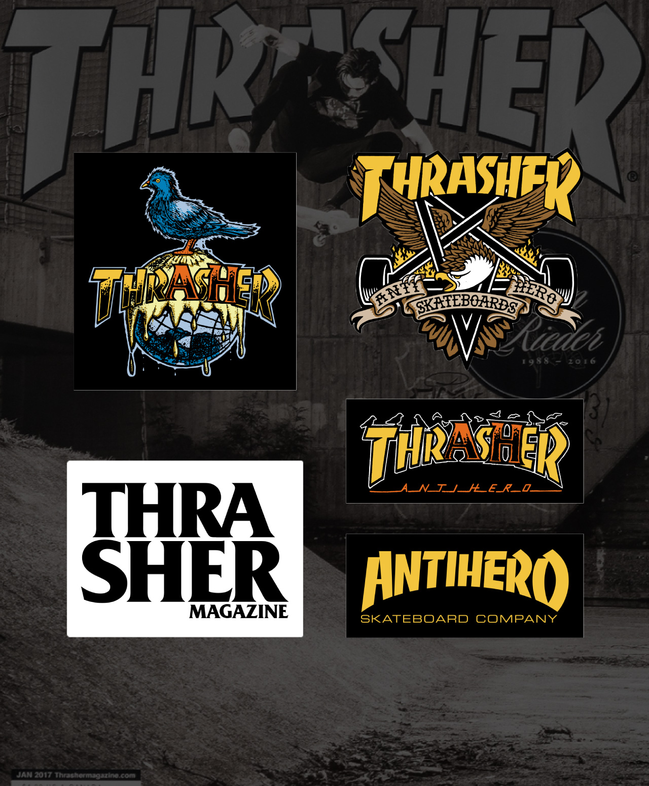 THRASHER X ANTIHERO 5-PACK STICKER MULTI