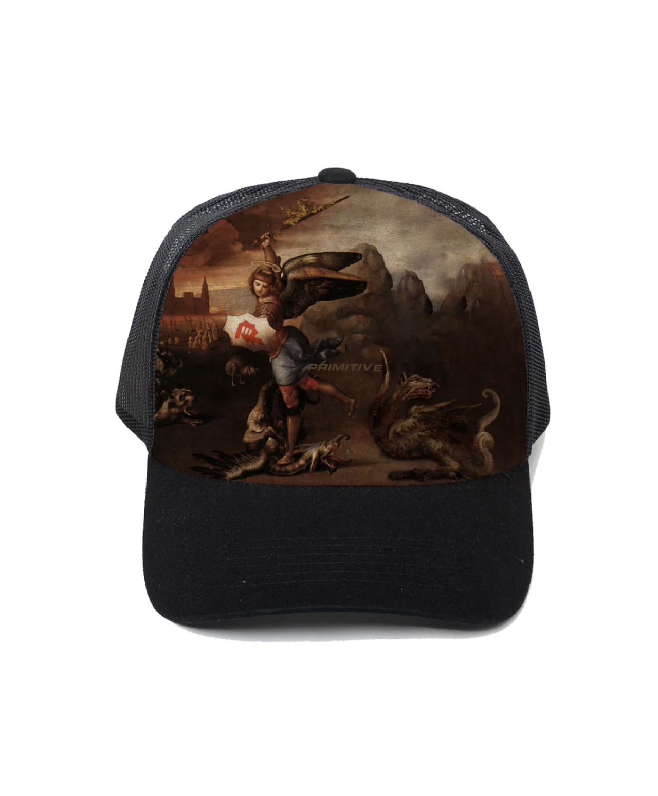 PRIMITIVE GOLD PACK PROTECTOR TRUCKER HAT BLACK