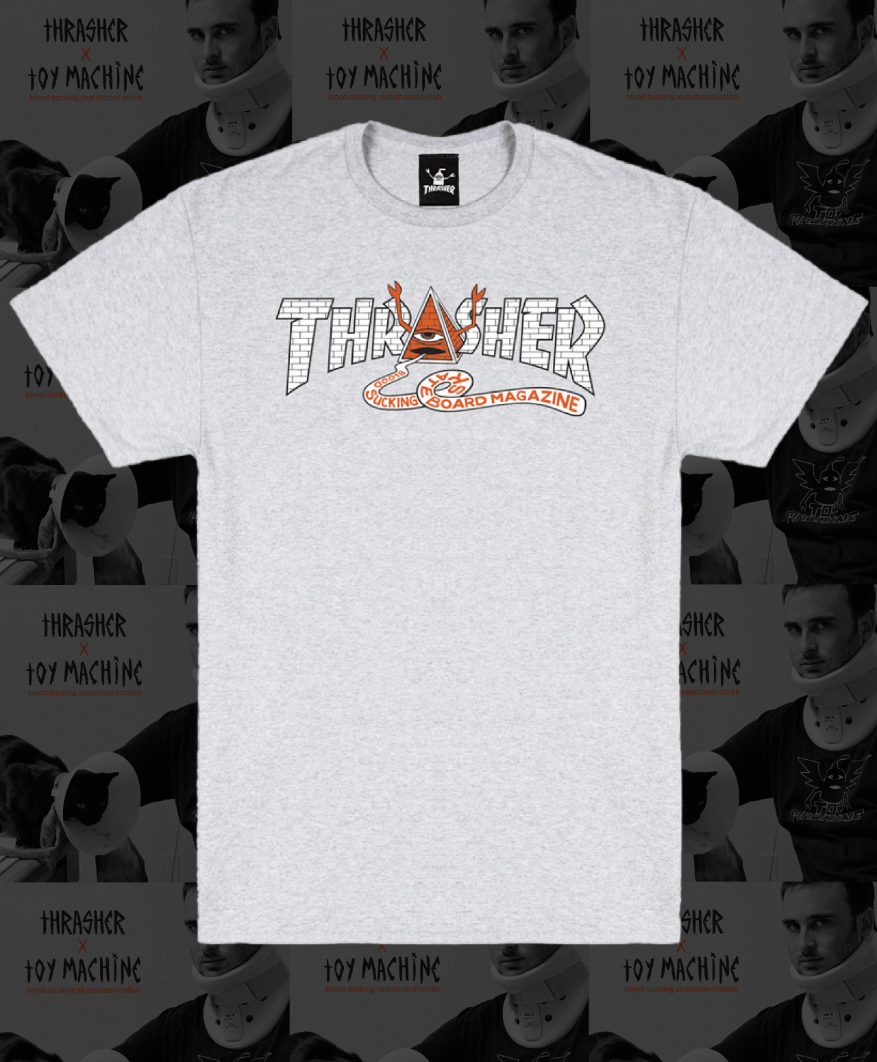 THRASHER X TOY MACHINE PYRAMID TEE ASH GREY