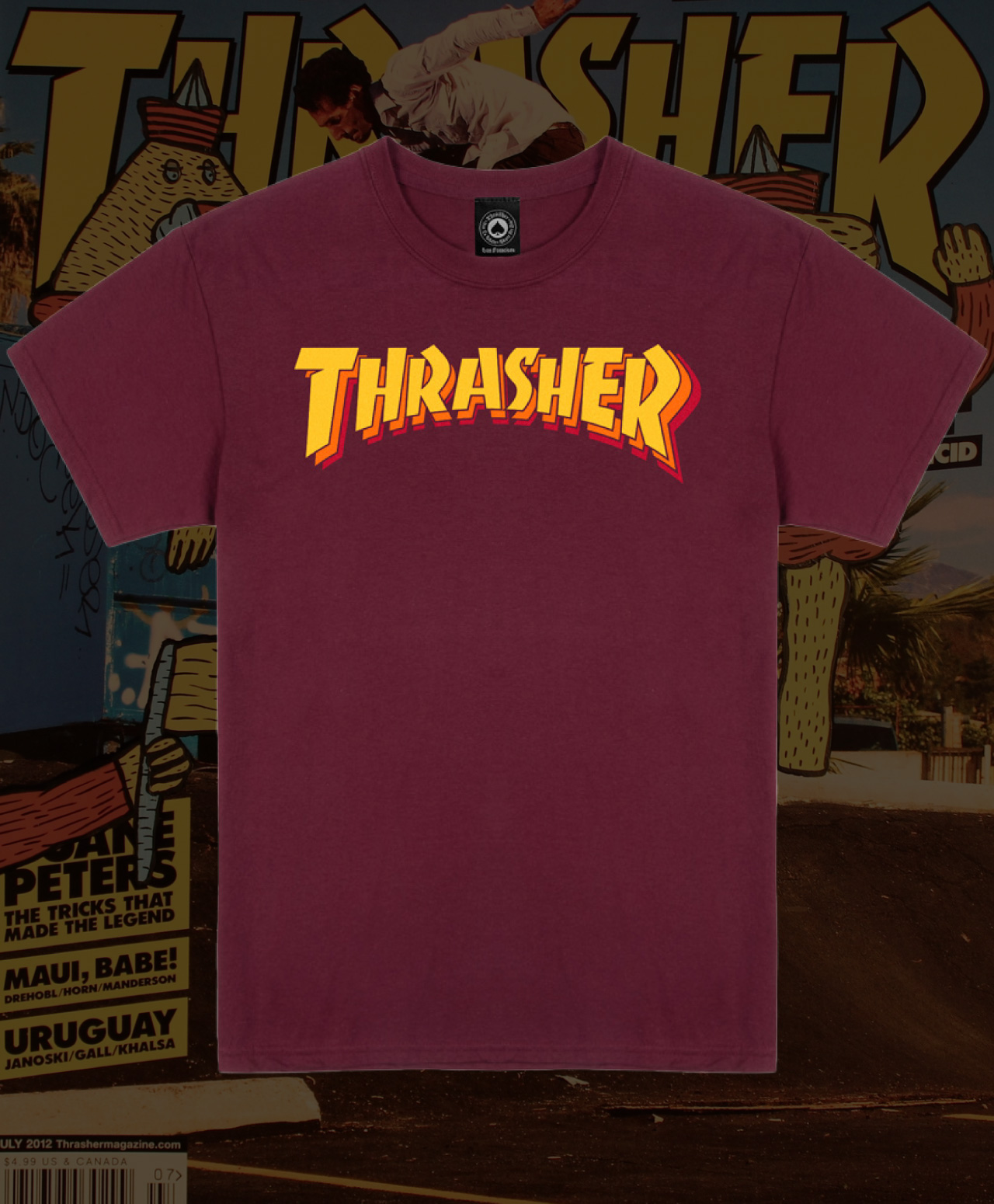 THRASHER STACKED TEE MAROON