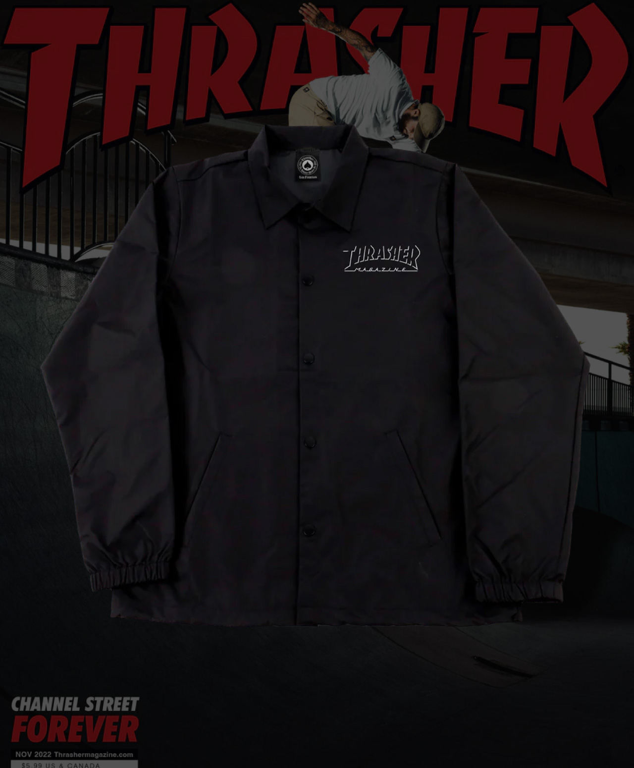 THRASHER SHADOW MAG LOGO COACH JACKET BLACK