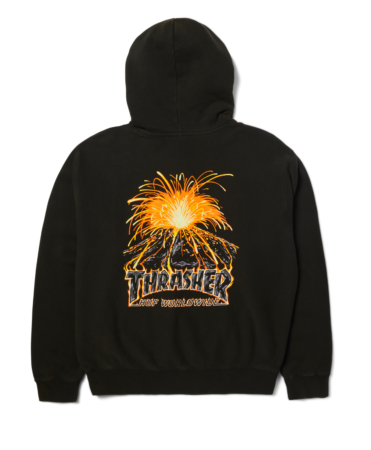 HUF X THRASHER MELTDOWN HEAVYWEIGHT HOOD WASHED BLACK