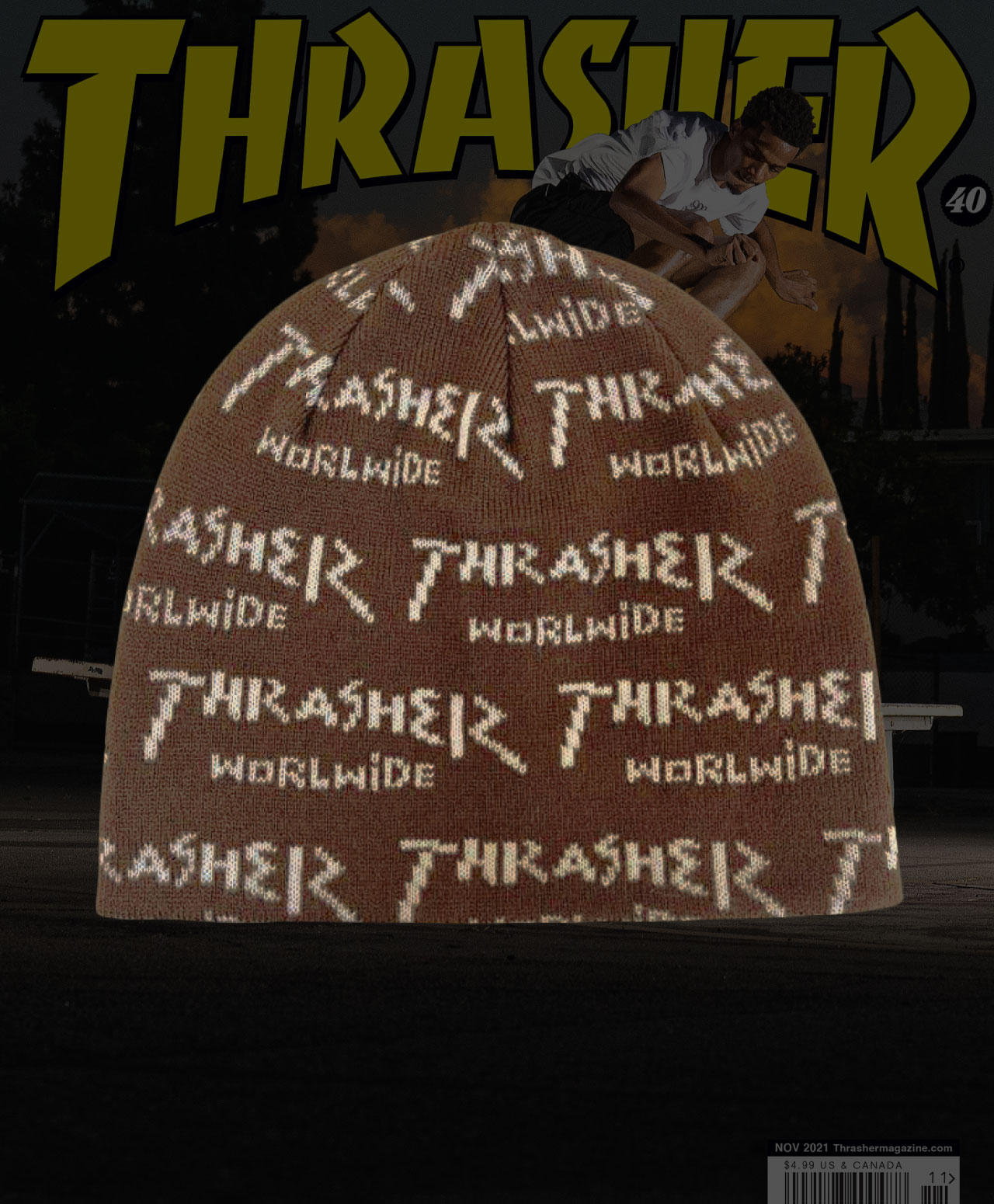THRASHER WORLDWIDE SKULLY BEANIE BROWN