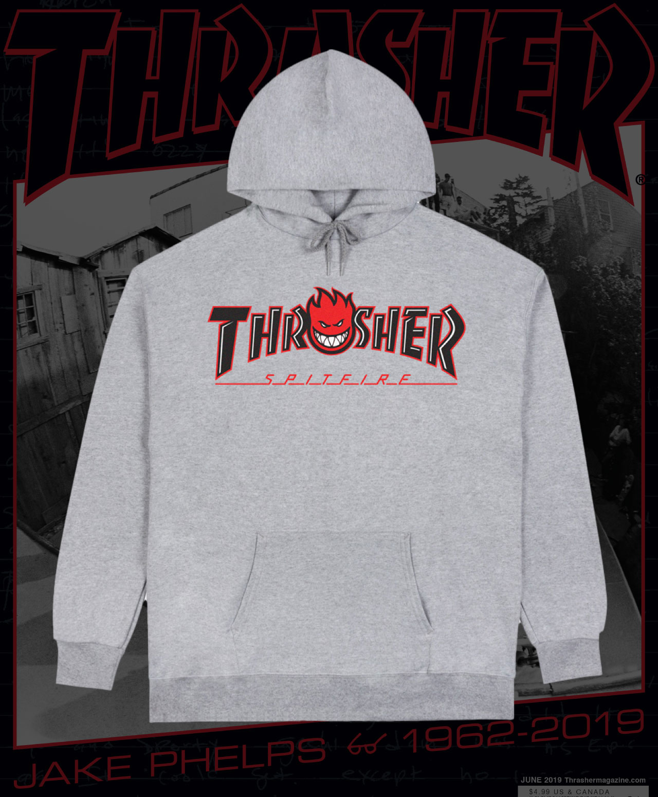 THRASHER X SPITFIRE BIG HEAD OUTLINE HOOD ASH