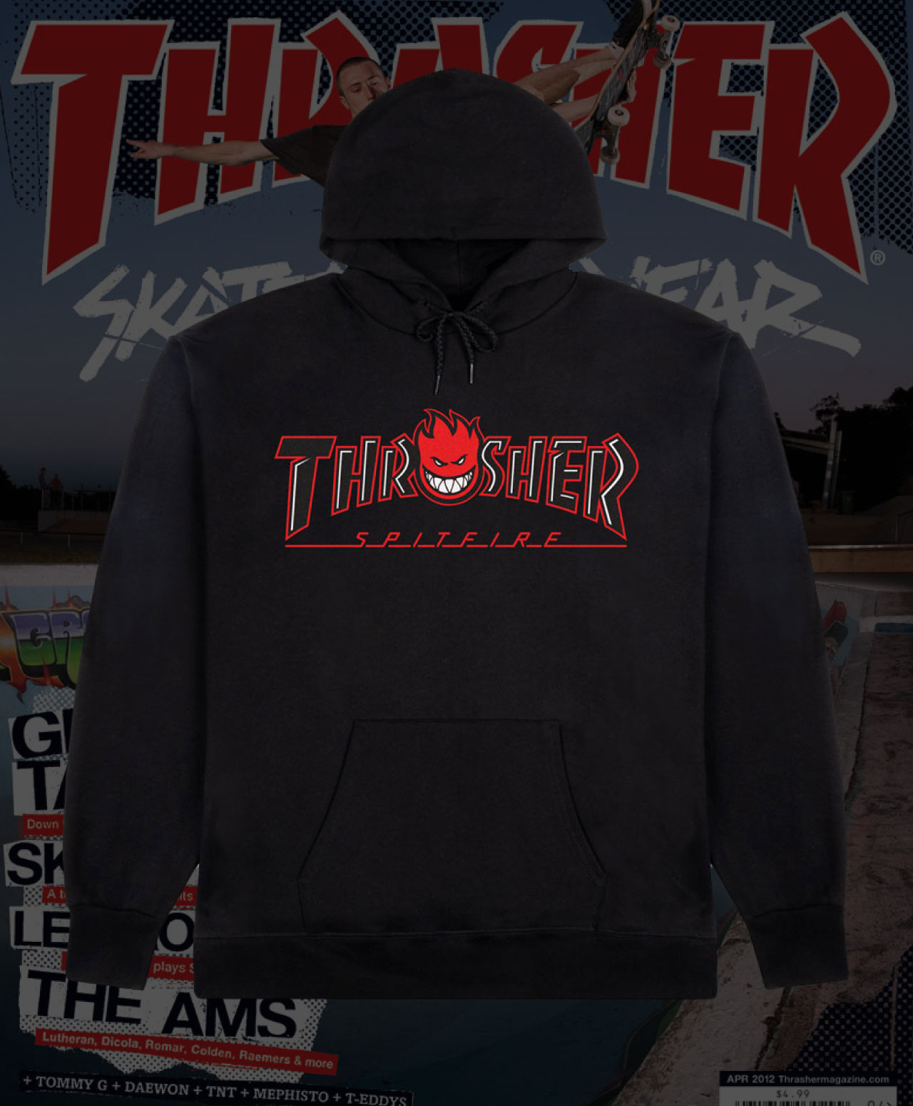 THRASHER X SPITFIRE BIG HEAD OUTLINE HOOD BLACK