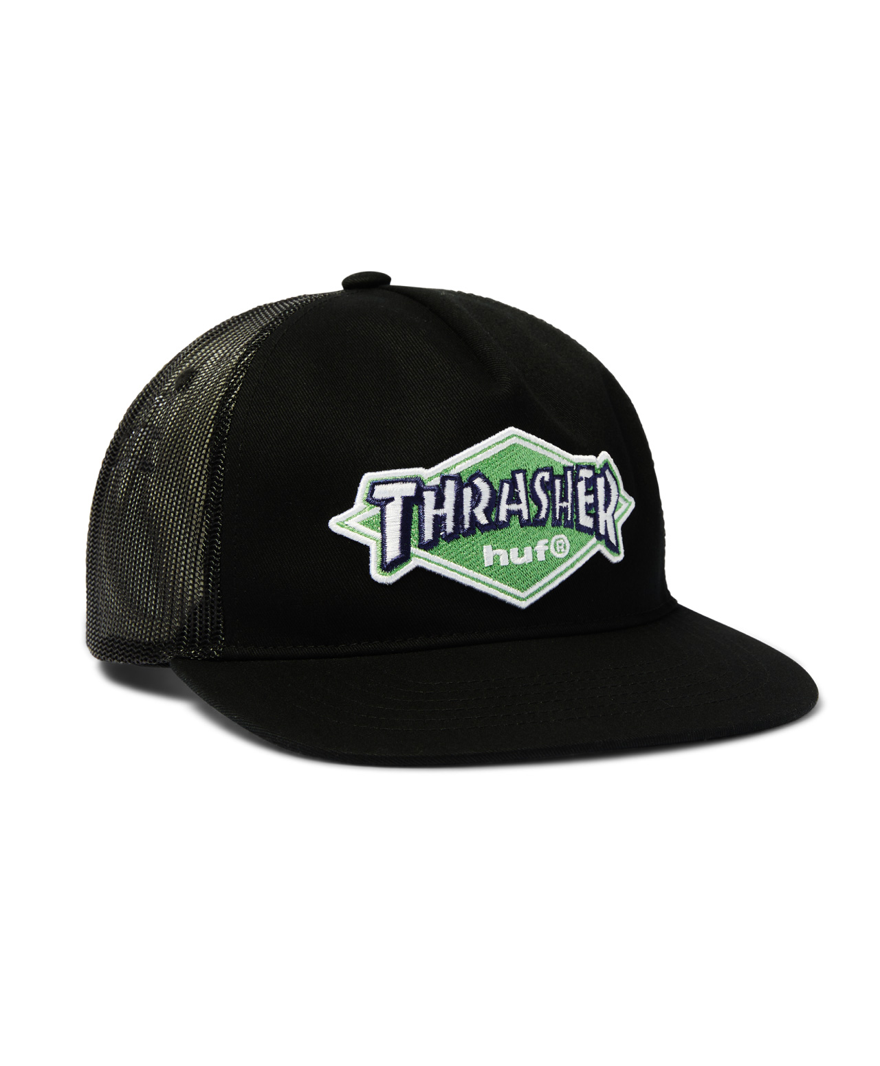 HUF X THRASHER LOGO TWILL TRUCKER HAT BLACK