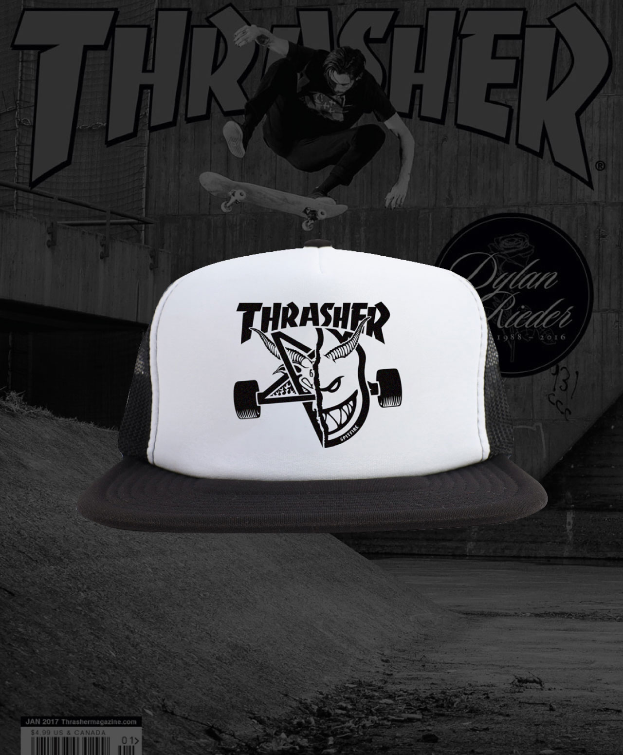 THRASHER X SPITFIRE THRASH & BURN TRUCKER HAT BLACK/WHITE
