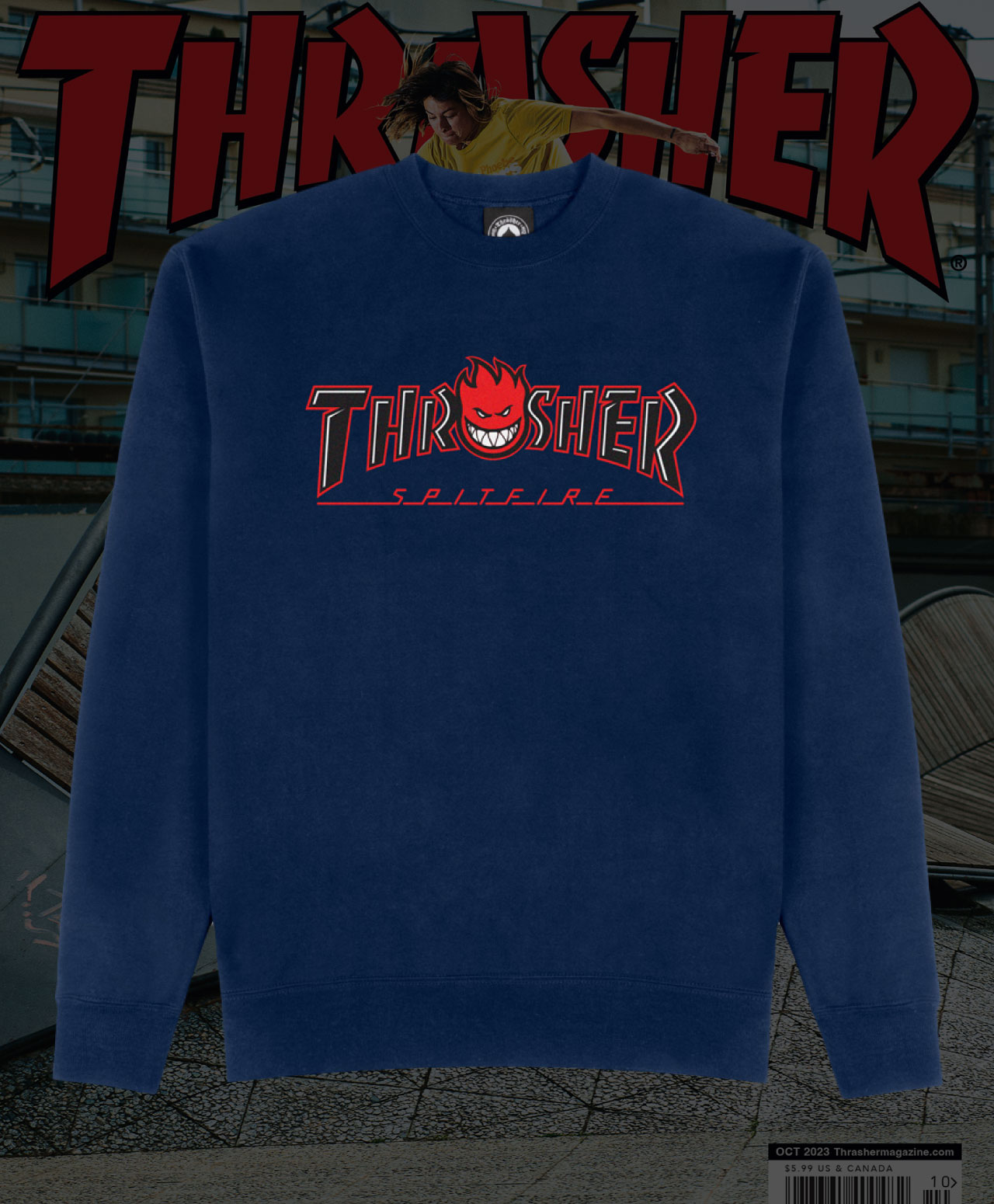 THRASHER X SPITFIRE BIG HEAD OUTLINE CREW NAVY