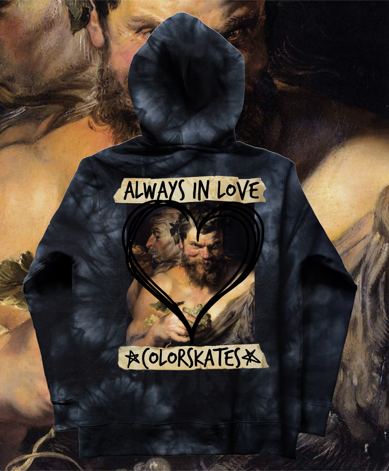 COLOR SATYRS IN LOVE LARGE PREMIUM HOOD TIE DYE BLACK