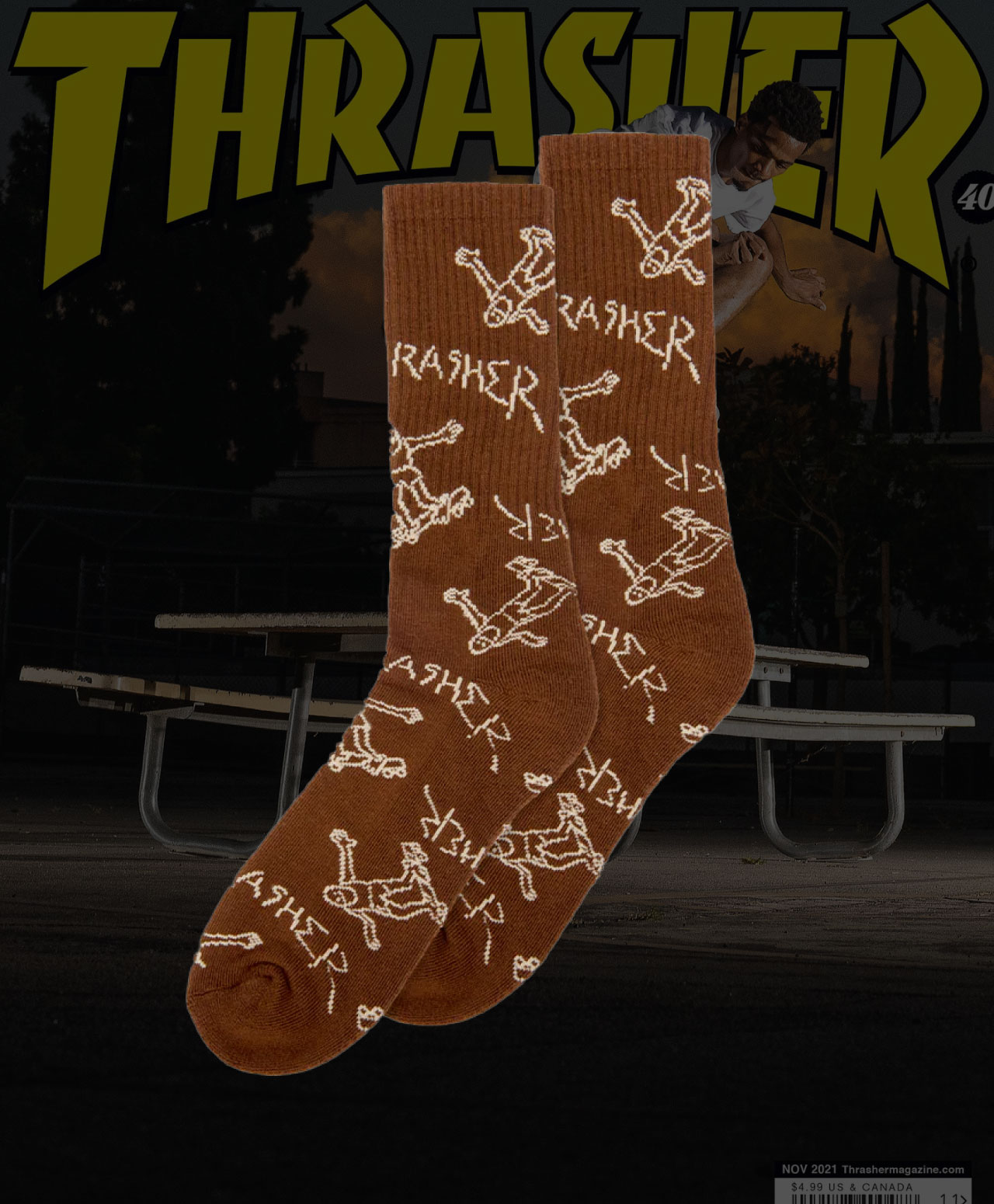THRASHER GONZ LOGO CREW SOCKS BROWN/TAN