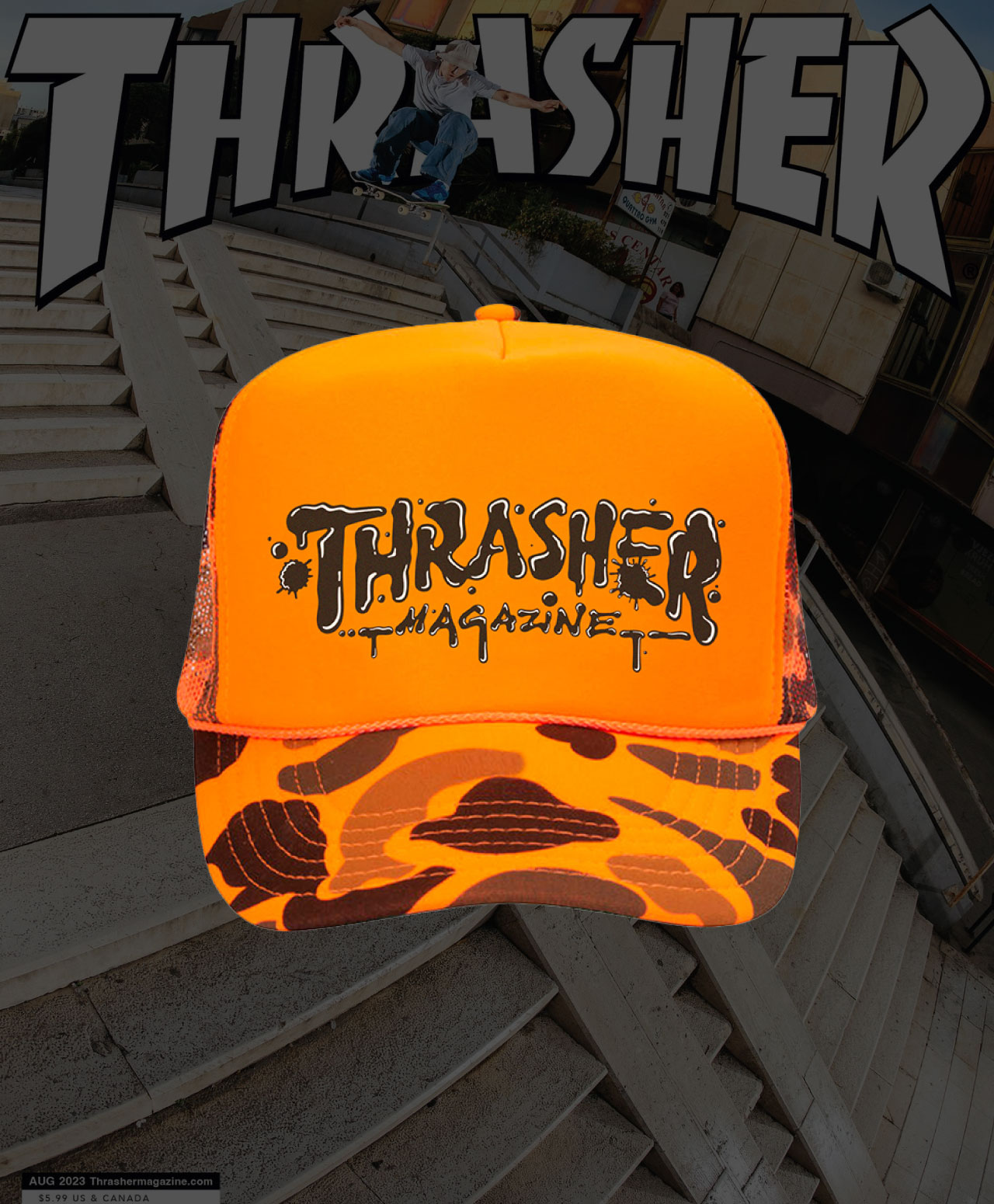 THRASHER WET PAINT TRUCKER HAT ORANGE CAMO