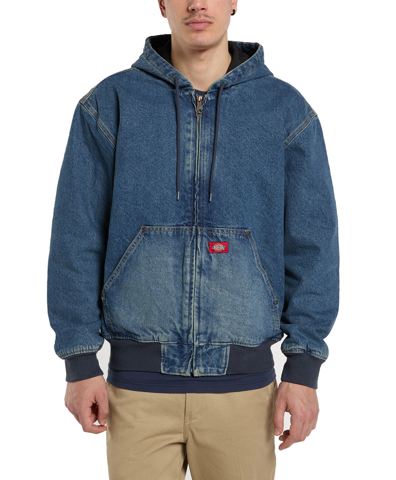 DICKIES HILHAM LINED DENIM HOODED BOMBER JACKET MID BLUE FADE WASH