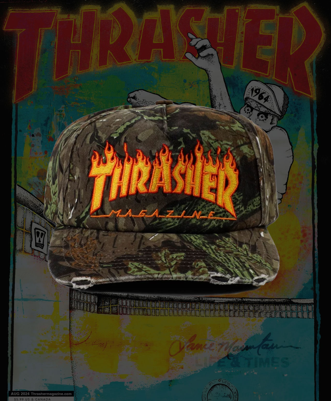 THRASHER FLAME DISTRESSED SNAPBACK CAMO