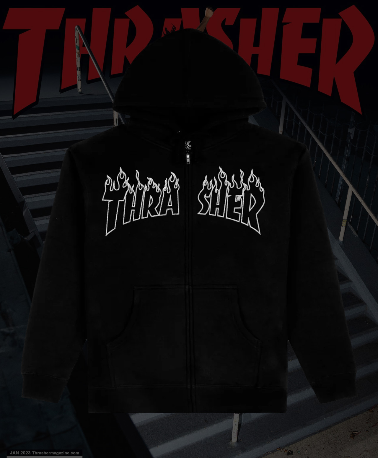 THRASHER FLAME EMBROIDERY ZIP HOOD BLACK