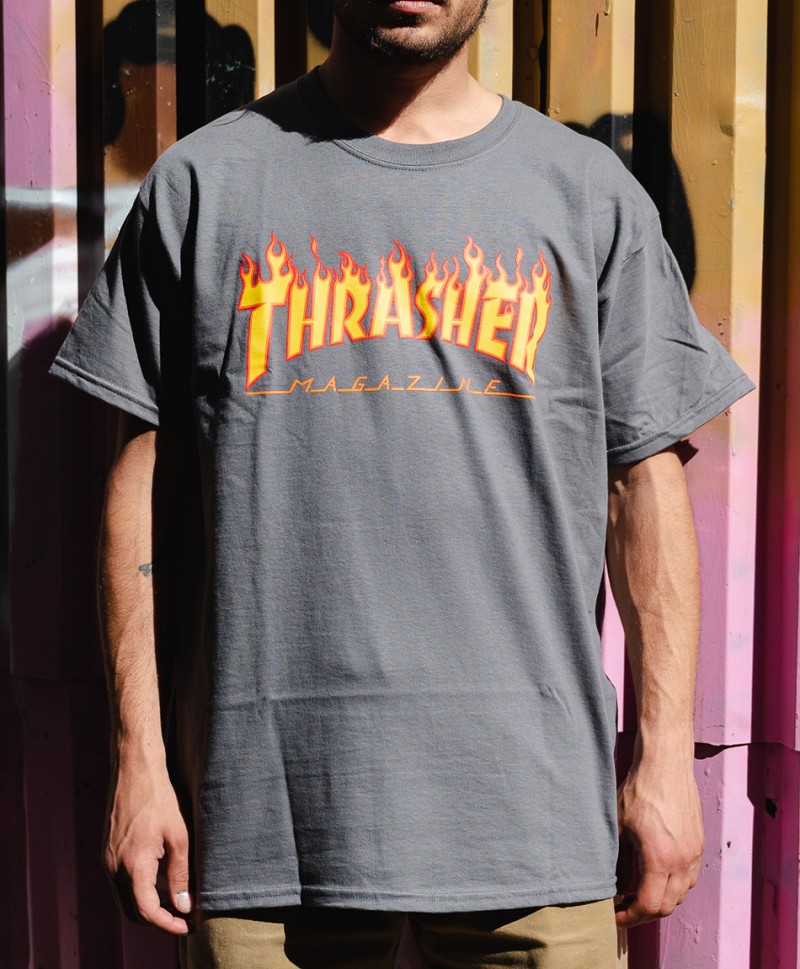 THRASHER FLAME LOGO TEE CHARCOAL GREY
