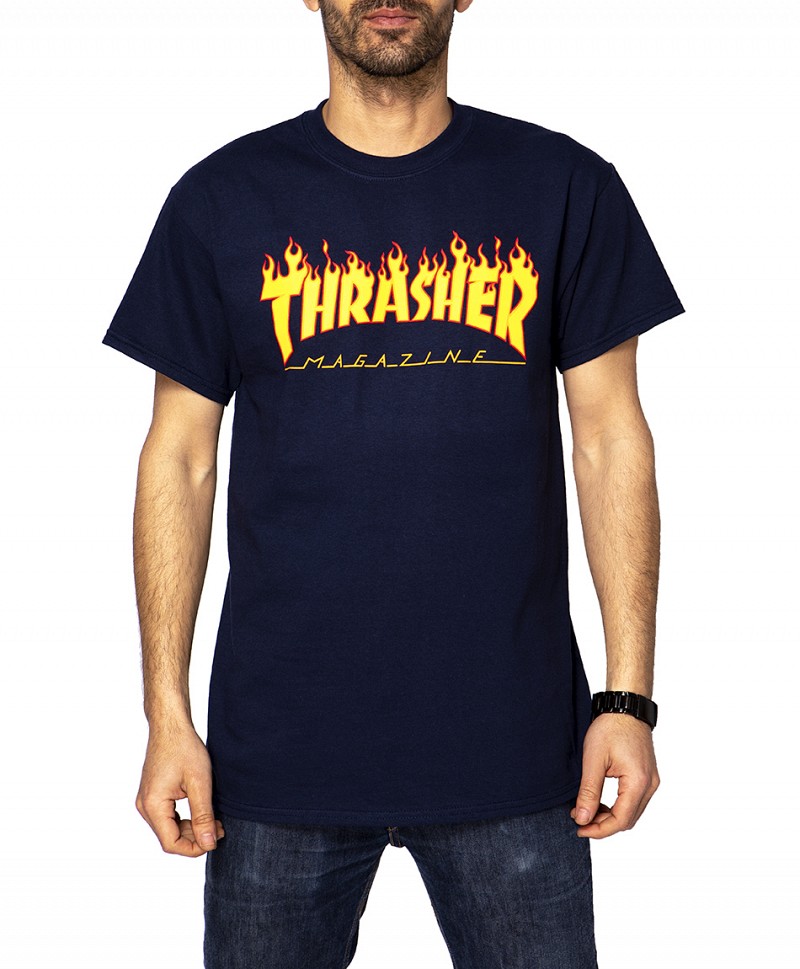 THRASHER FLAME LOGO TEE NAVY