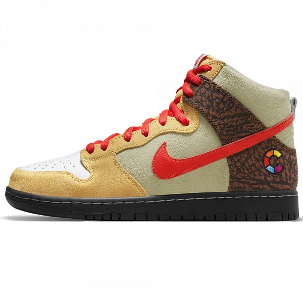NIKE SB X COLOR SKATES 'KEBAB AND DESTROY' DUNK HIGH PRO TOPAZ GOLD/CHILE RED-FAUNA BROWN-WHITE
