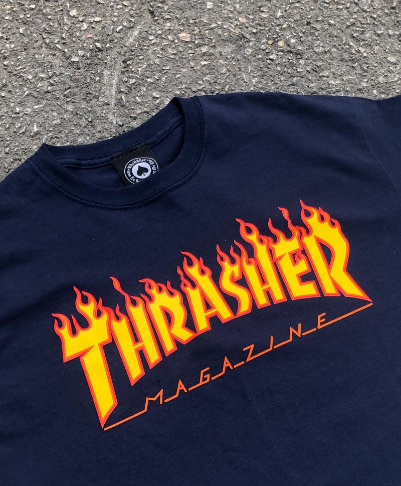 THRASHER FLAME LOGO TEE NAVY