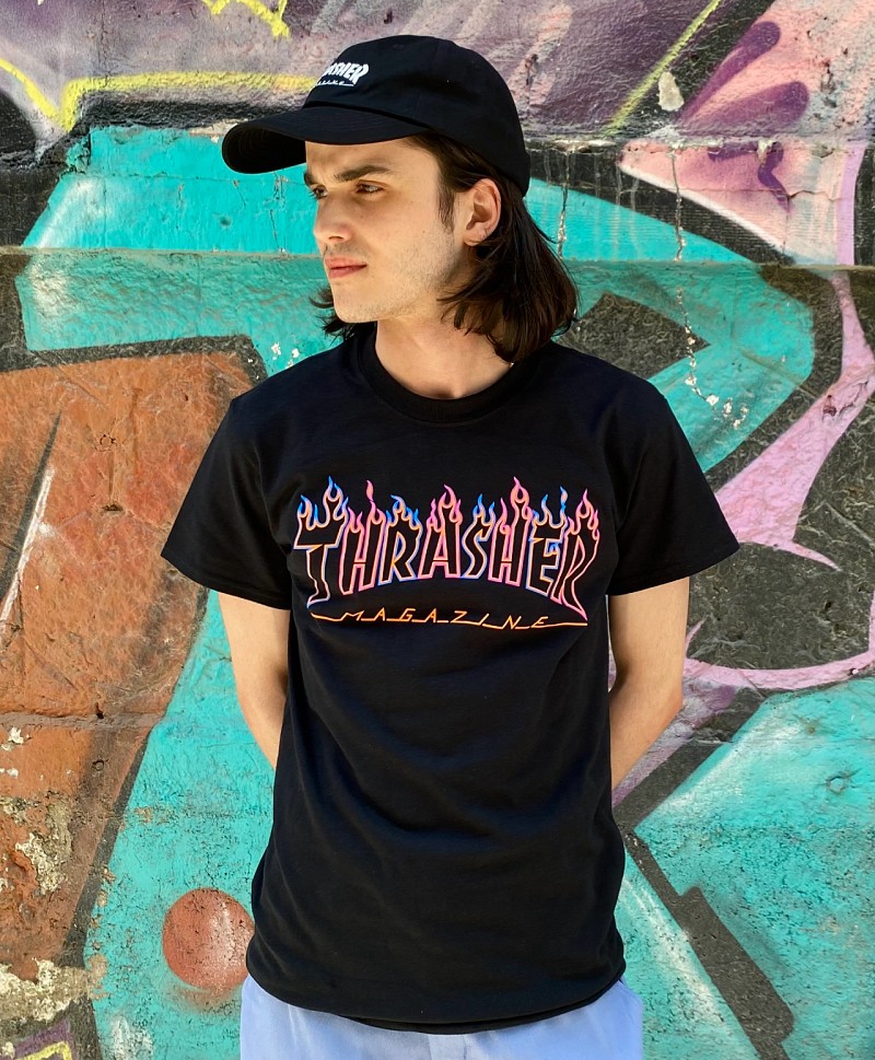THRASHER DOUBLE FLAME NEON TEE BLACK
