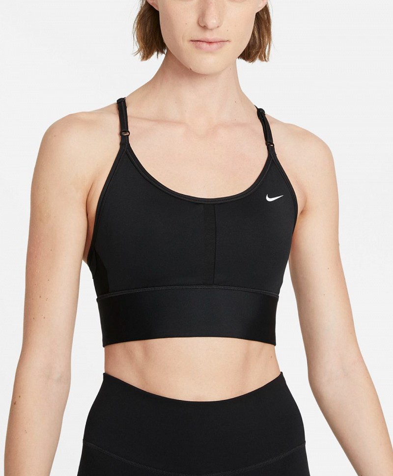 NIKE DRI-FIT INDY WOMENS LIGHT-SUPPORT PADDED LONGLINE SPORTS BRA BLACK