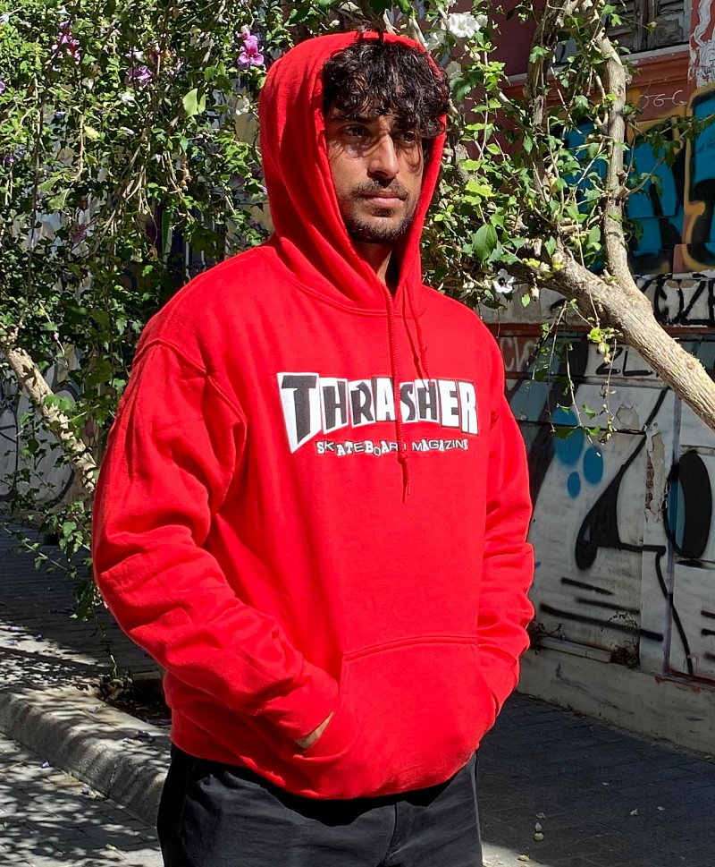 Red and blue thrasher hoodie on sale