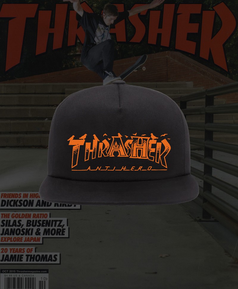 THRASHER X ANTIHERO PIGEON MAG SNAPBACK BLACK