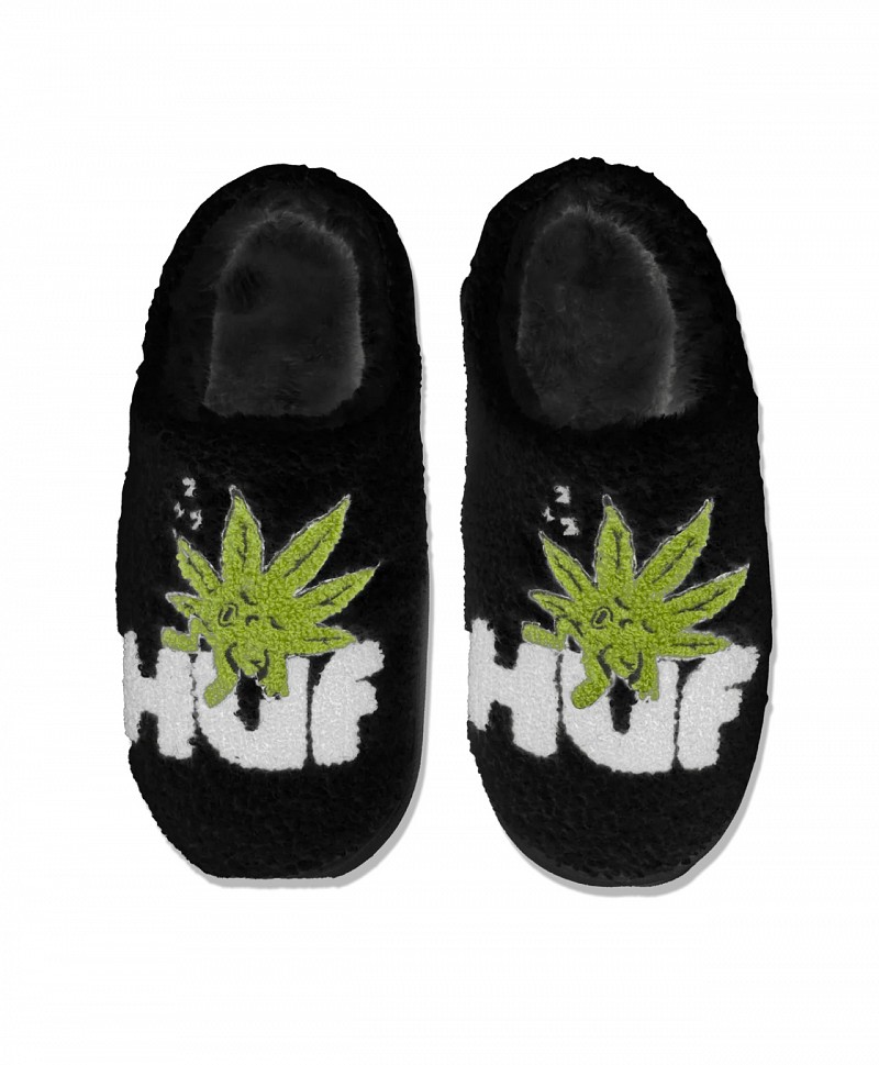 HUF GREEN BUDDY FUZZY SLIPPERS BLACK