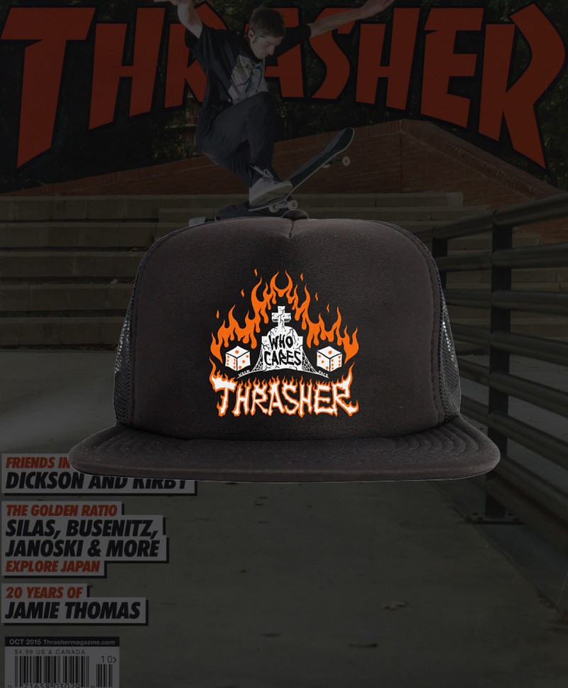 THRASHER WHO CARES BY NECKFACE TRUCKER HAT BLACK