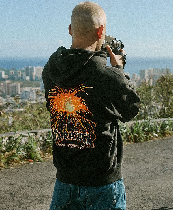 HUF X THRASHER MELTDOWN HEAVYWEIGHT HOOD WASHED BLACK