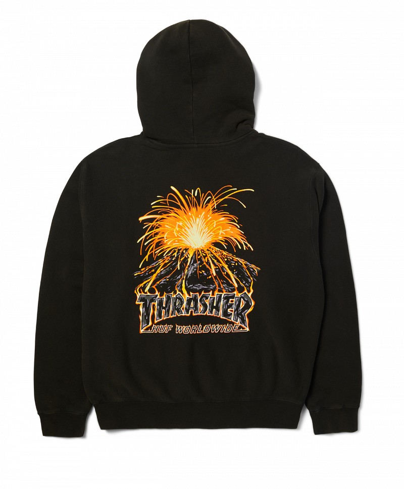 HUF X THRASHER MELTDOWN HEAVYWEIGHT HOOD WASHED BLACK