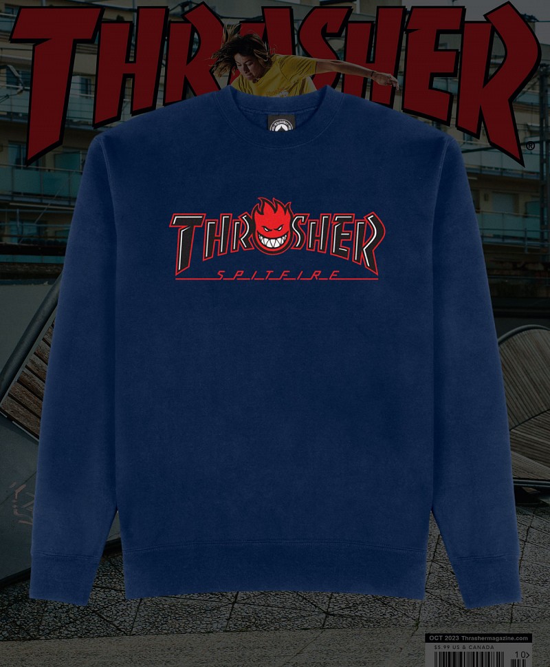 THRASHER X SPITFIRE BIG HEAD OUTLINE CREW NAVY